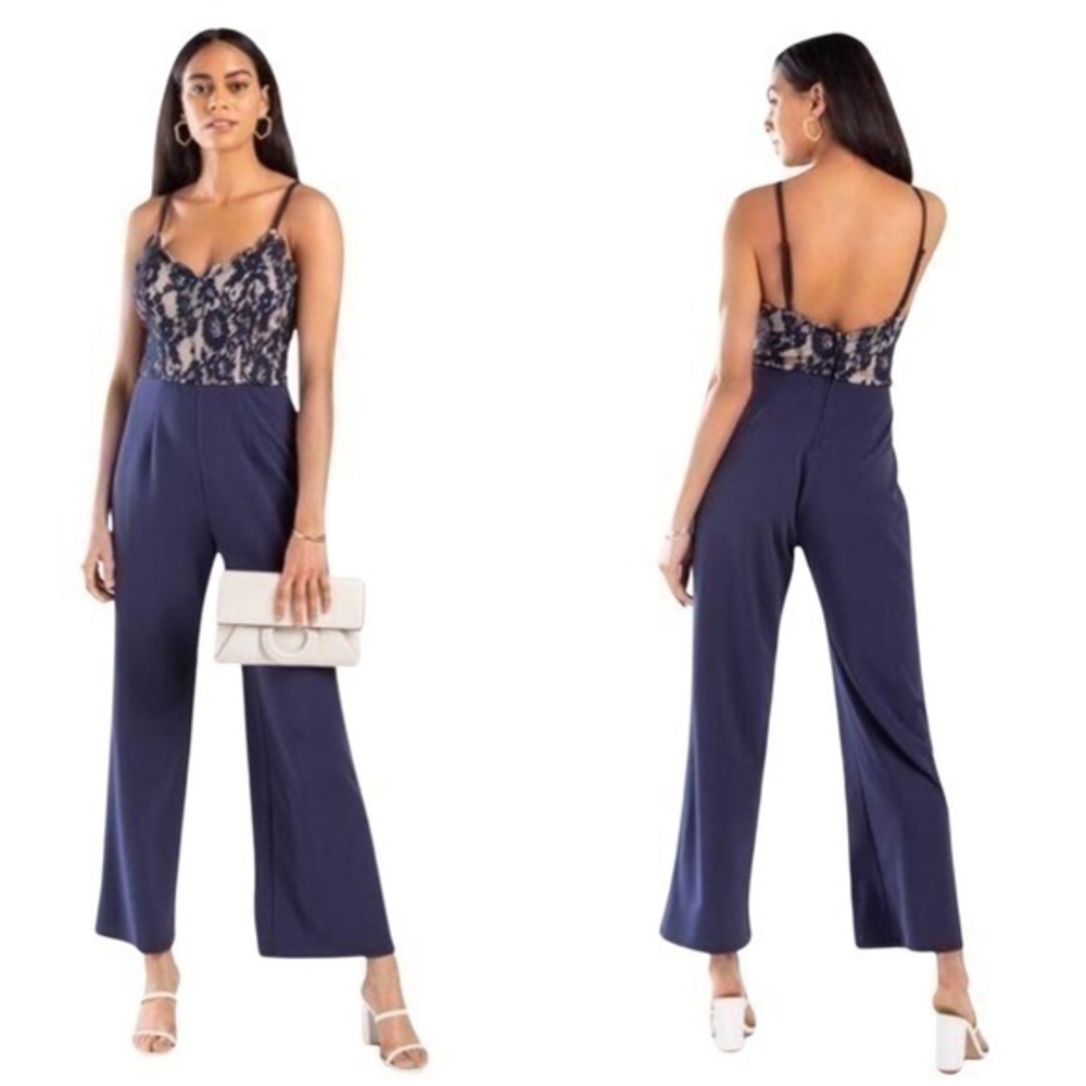 NWT Francesca’s Mi Amor Jean navy lace jumpsuit